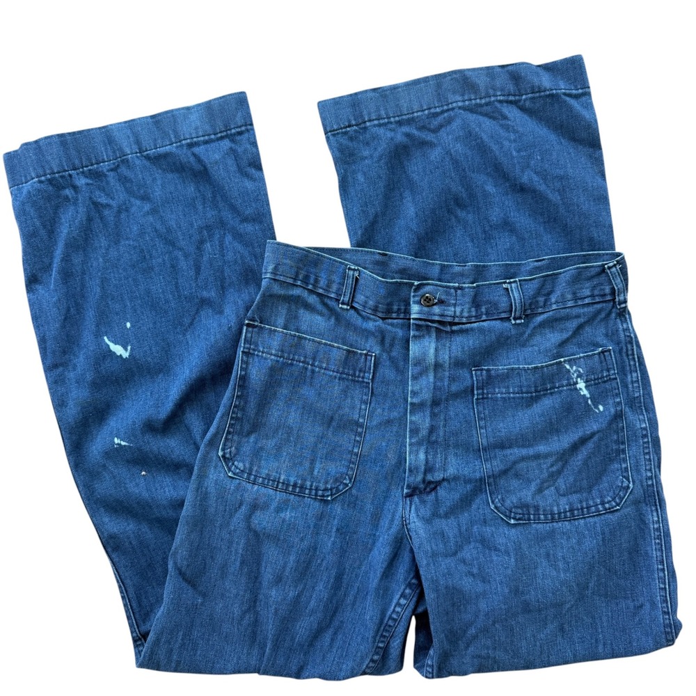 80s Military Dungarees Navy 32R wide leg utility pants denim Vintage Paint